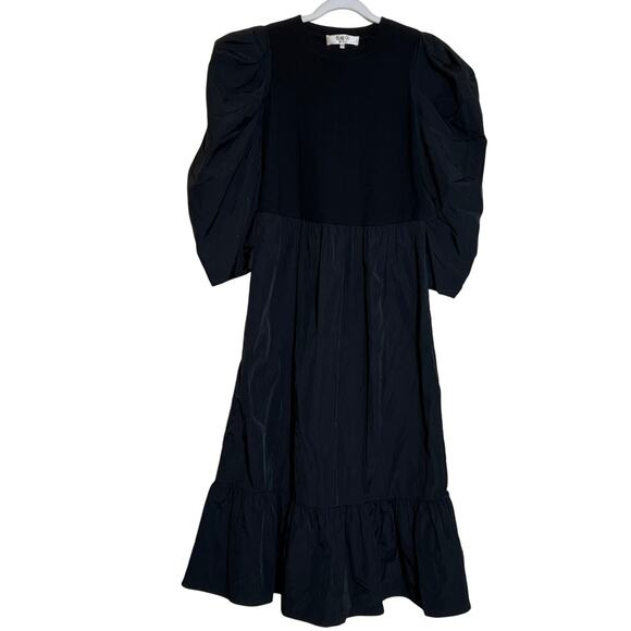 Sea New York Nadja Taffeta Ruffled Puff Sleeve Midi Dress Black Womens Size XS - Picture 3 of 11